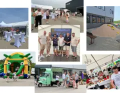 Collage von Fotos eines Sommerfests bei DOTLUX mit Gästen, Essensständen, einem Sandspielbereich, einer Hüpfburg und einem großen Veranstaltungszelt.