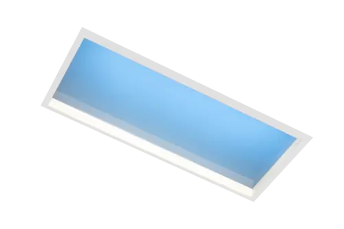 Ein rechteckiges LED-Panel mit weißem Rahmen und blauer Lichtfläche, das schräg dargestellt ist.