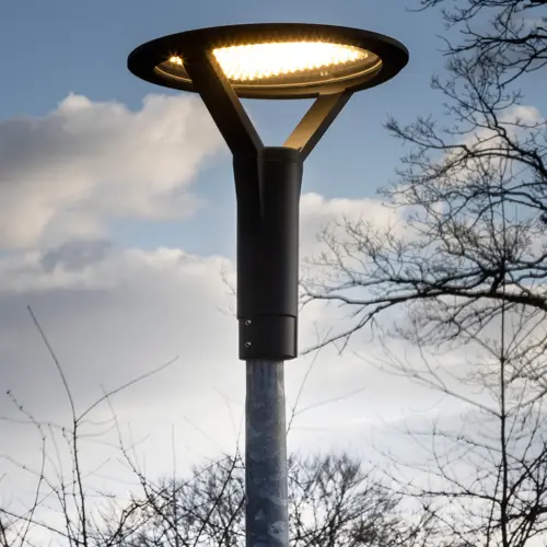 Eine moderne PLAZA-Straßenleuchte mit rundem LED-Leuchtkopf, beleuchtet in der Dämmerung vor einem Hintergrund aus wolkigem Himmel und kahlen Bäumen.