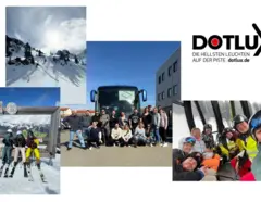 Collage eines DOTLUX-Skiausflugs mit Bildern der Gruppe vor einem Bus, auf der Piste und in einer Gondel, begleitet vom Slogan 'Die hellsten Leuchten auf der Piste'.