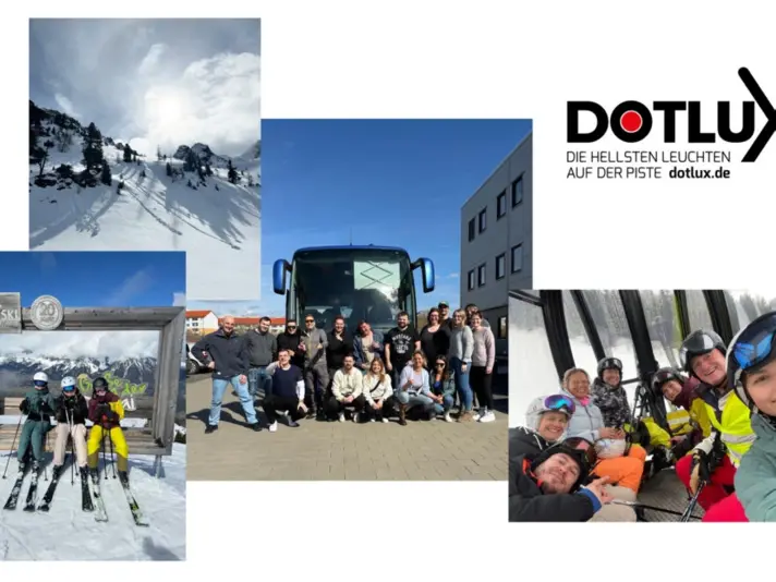 Collage eines DOTLUX-Skiausflugs mit Bildern der Gruppe vor einem Bus, auf der Piste und in einer Gondel, begleitet vom Slogan 'Die hellsten Leuchten auf der Piste'.