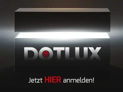 Grafik eines leuchtenden schwarzen Kastens mit dem DOTLUX-Logo in der Mitte. Darunter der Text: 'Jetzt HIER anmelden!' wobei 'HIER' in Rot hervorgehoben ist.